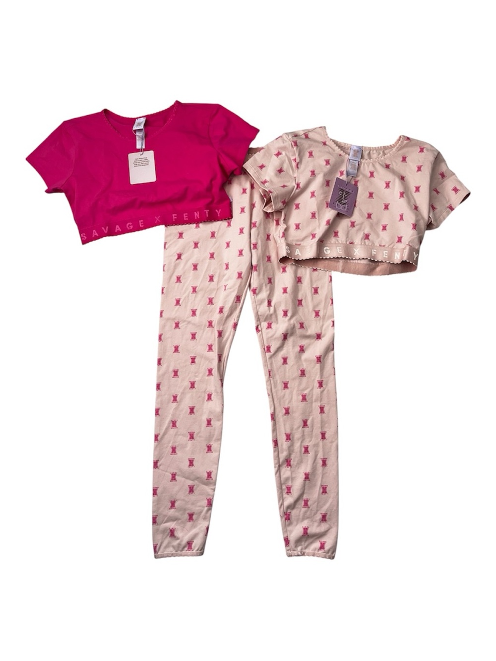 Savage X Fenty Monogram
3-Piece Lounge Set Pink Logo Leggings Crop Tops Sz M